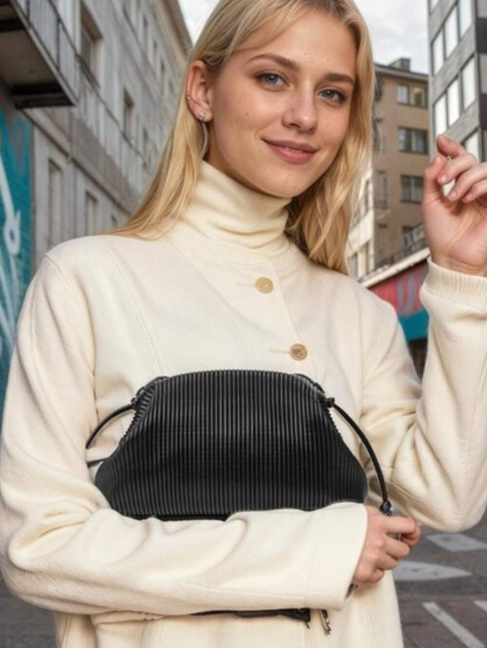 KingTo Black Ribbed Vegan Leather Cloud Crossbody Bag